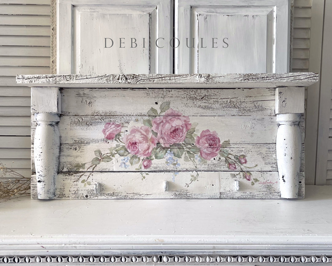 Shabby Chic Rustic Beauty Wood Hand Painted Roses Large Wall Shelf With Hooks Original By Debi Coules