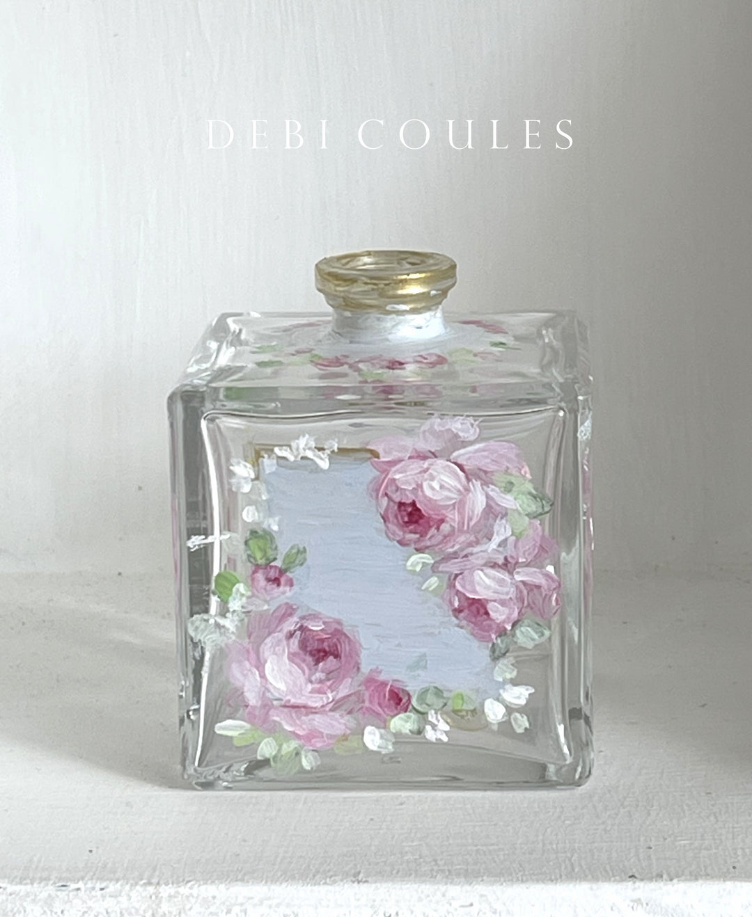 Exquisite Hand-Painted Pink Roses Glass Bottle by Debi Coules