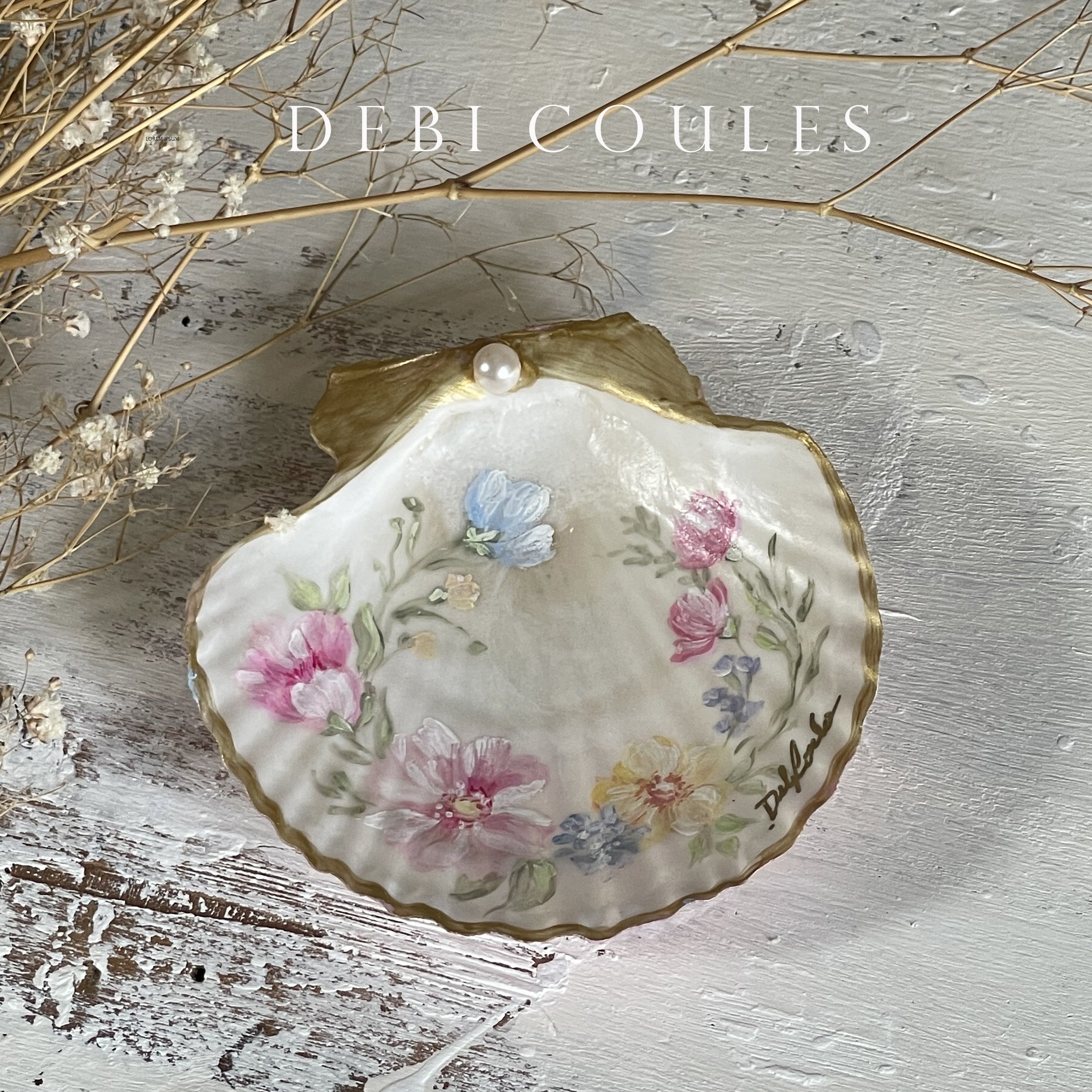 Hand Painted Wildflower Shell with Gold Accents and Pink Pearl – by De ...