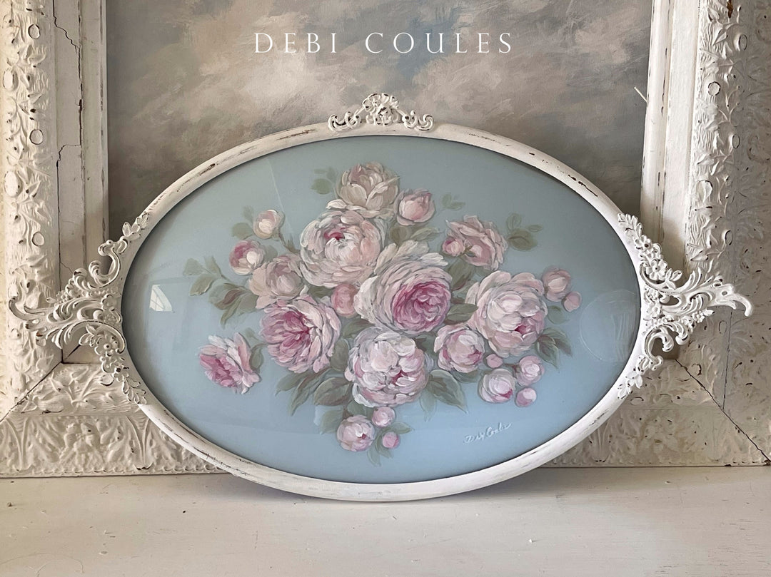 Shabby Chic Antique Peonies And Roses  Metal Framed Original Painting On Convex Glass by Debi Coules