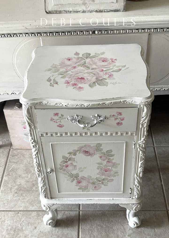 Shabby Chic Antique Ornate Hand Painted Roses Cabinet Side Table Original by Debi Coules