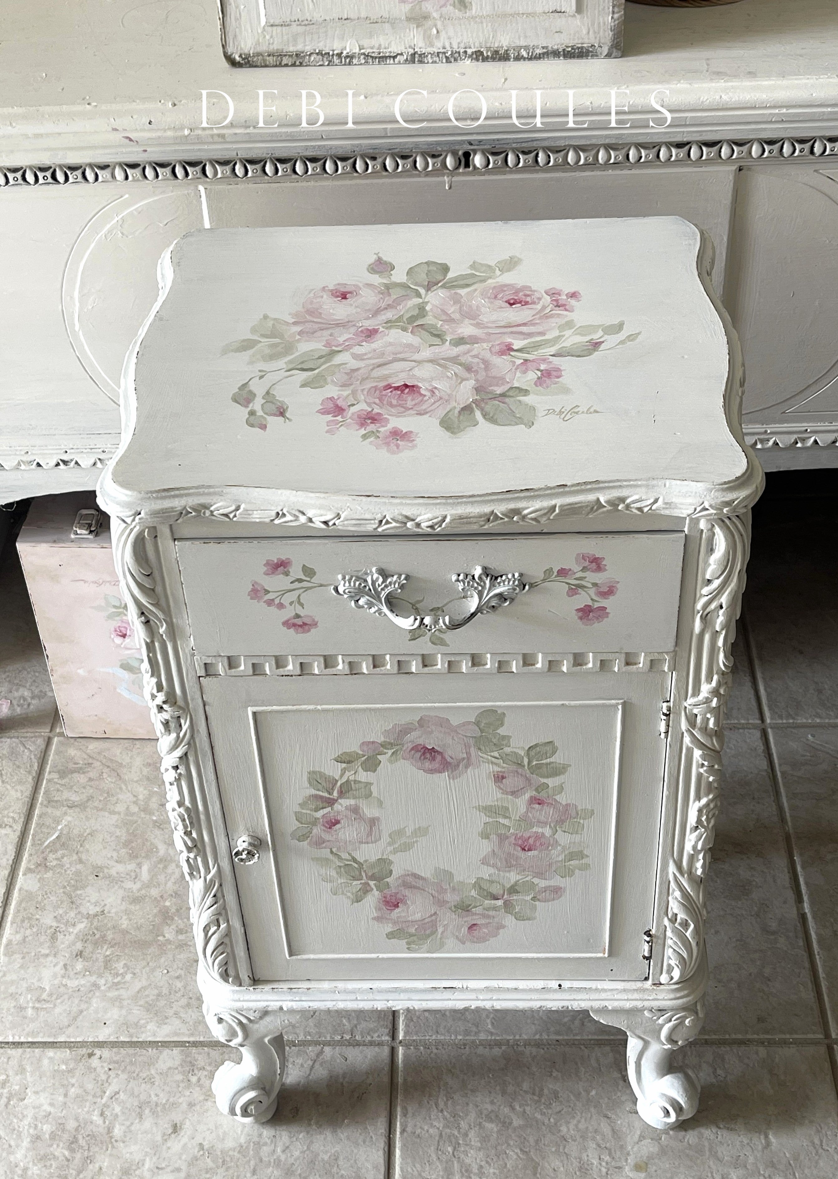 Shabby Chic Antique Ornate Hand Painted Roses Cabinet Side Table Origi ...