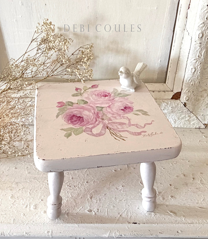 Shabby Chic Hand-Painted Vintage Pink Stool with Roses & Bow – Original by Debi Coules