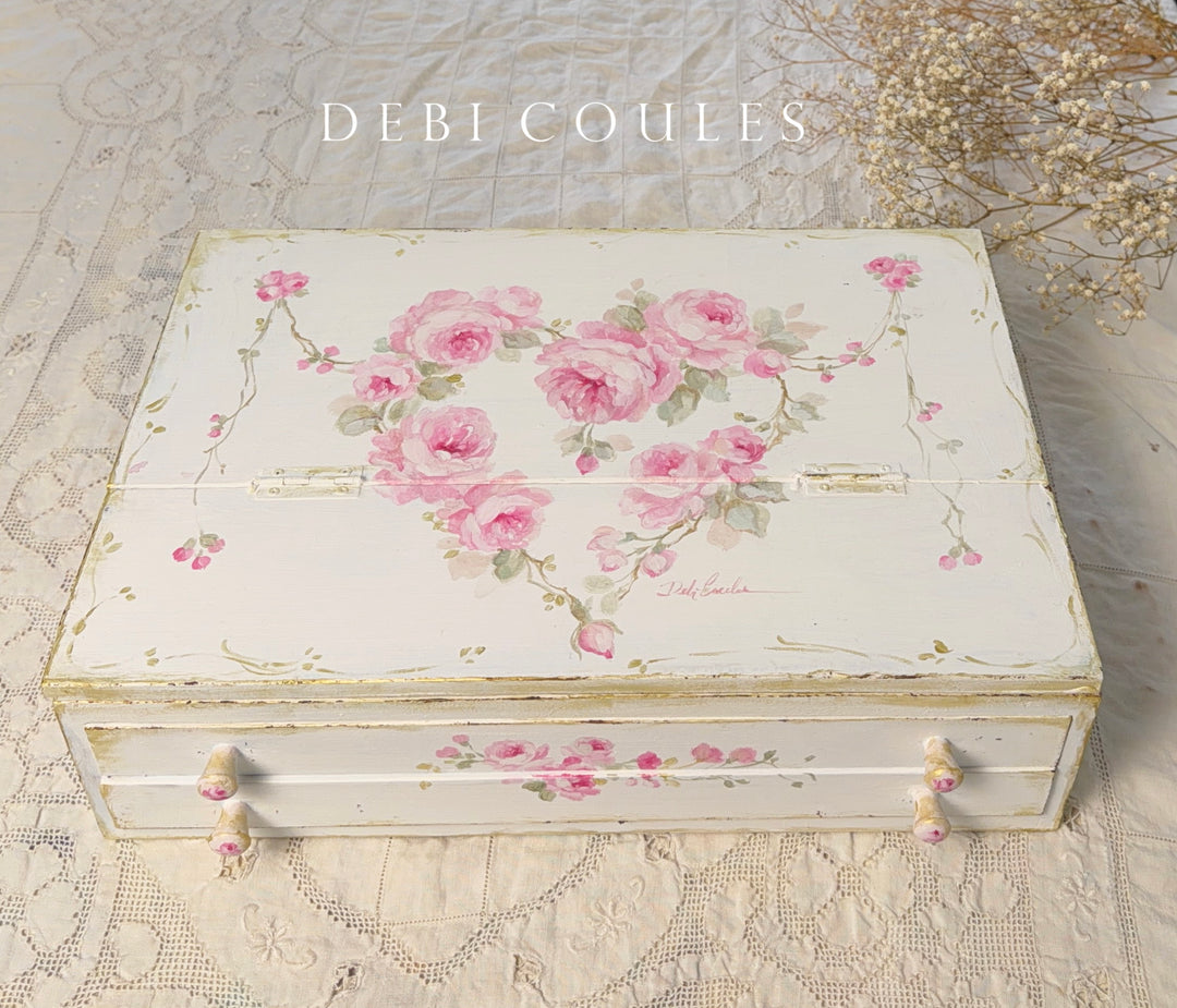 Shabby Chic Vintage Style Pink Rose Heart Writing Box Original by Debi Coules
