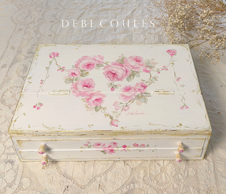 Shabby Chic Vintage Style Pink Rose Heart Writing Box Original by Debi Coules