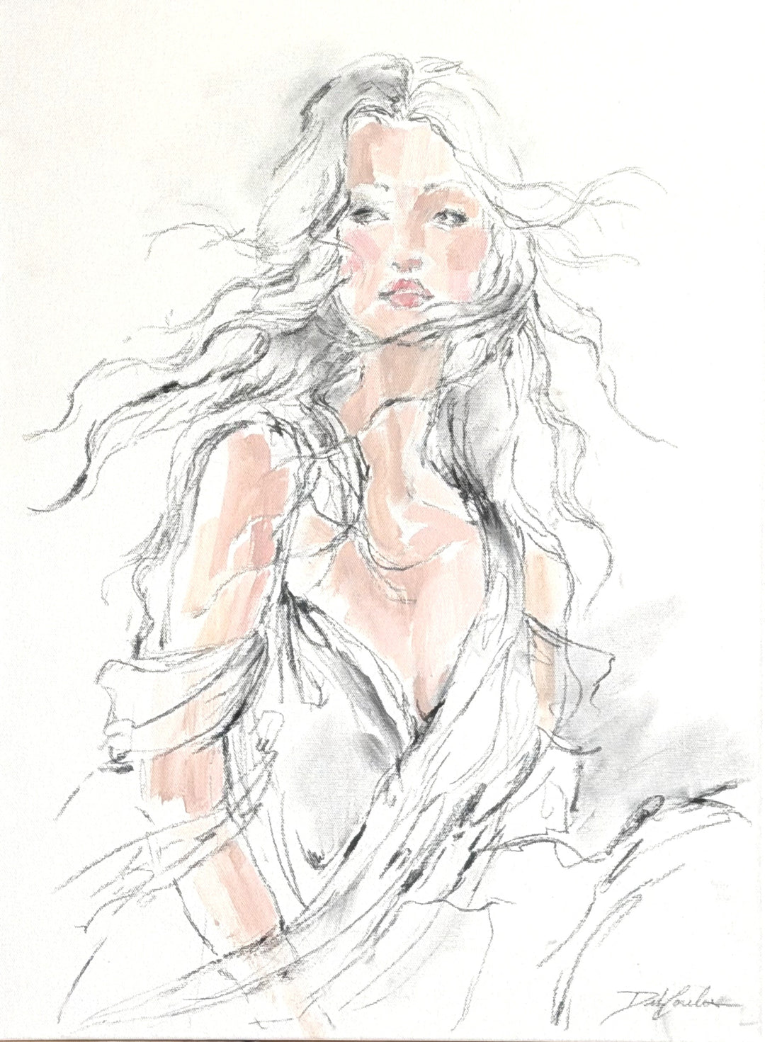 Open original figurative painting by Debi Coules featuring a woman with flowing hair and expressive charcoal lines