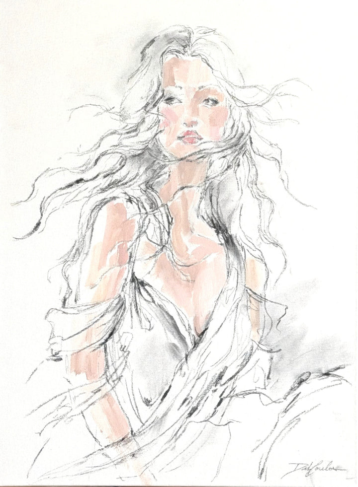 Open original figurative painting by Debi Coules featuring a woman with flowing hair and expressive charcoal lines