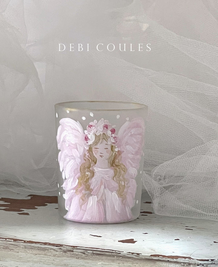 Pink Angel Praying Frosted Glass Votive Roses Holiday Shabby Chic Original Debi Coules