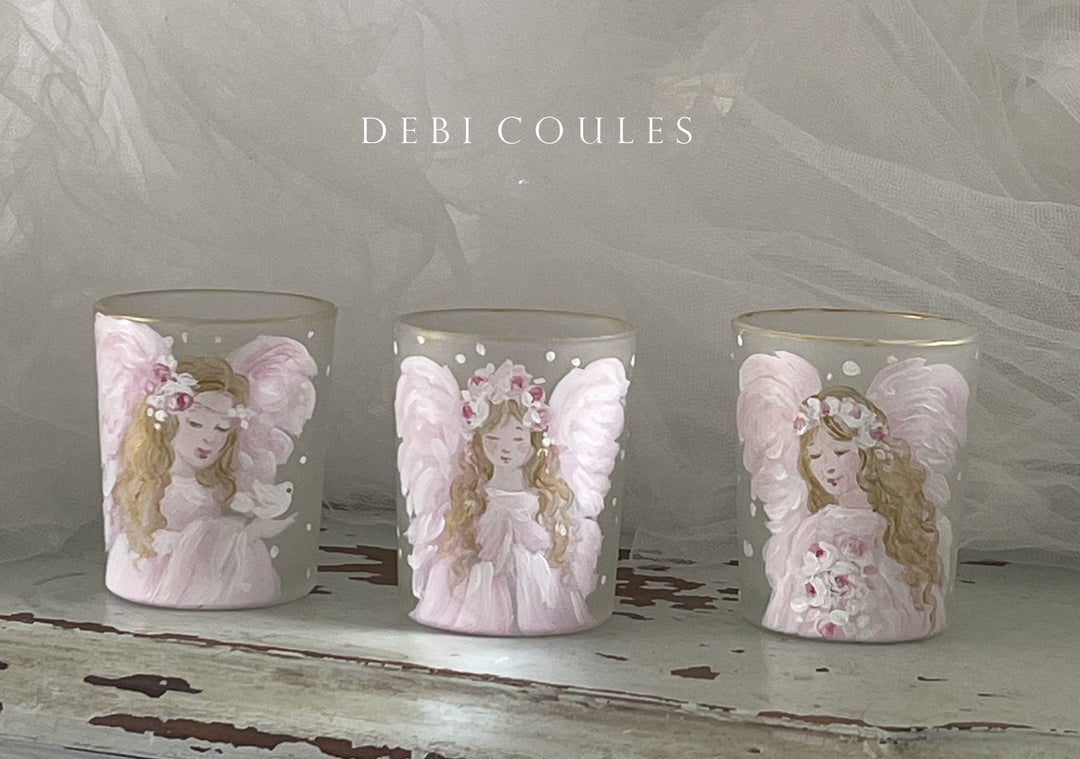 Pink Angel Glass Votive with Dove  Frosted Holiday Shabby Chic Debi Coules