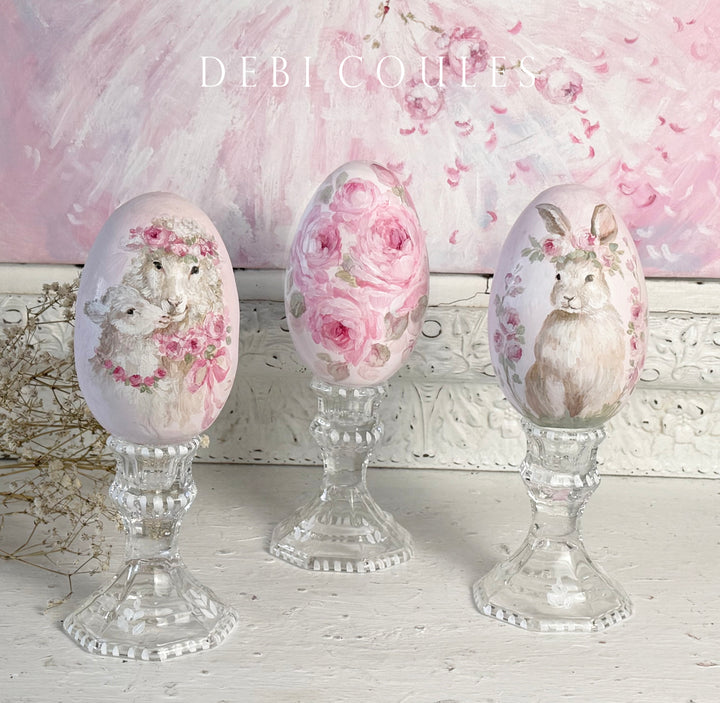 Shabby Chic Hand-Painted Bunny and Roses Large Wood Easter Egg on Glass Stand – Original by Debi Coules