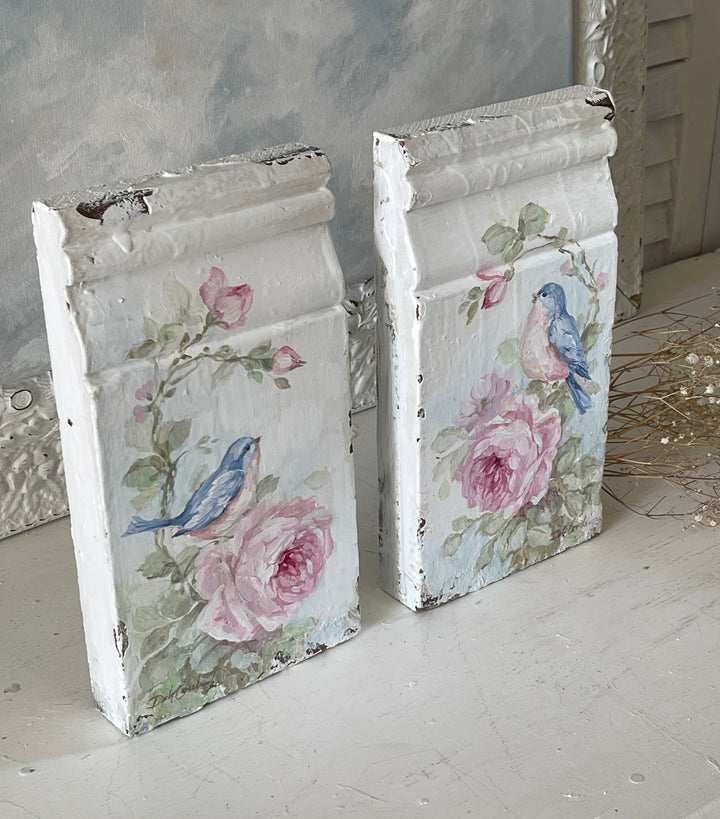 Shabby Chic Plinth Block Antique Bluebird and Roses Original by Debi Coules