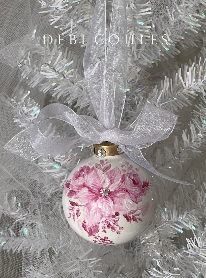 Shabby Chic Pink Poinsettia Holiday Ornament Globe Original Debi Coules