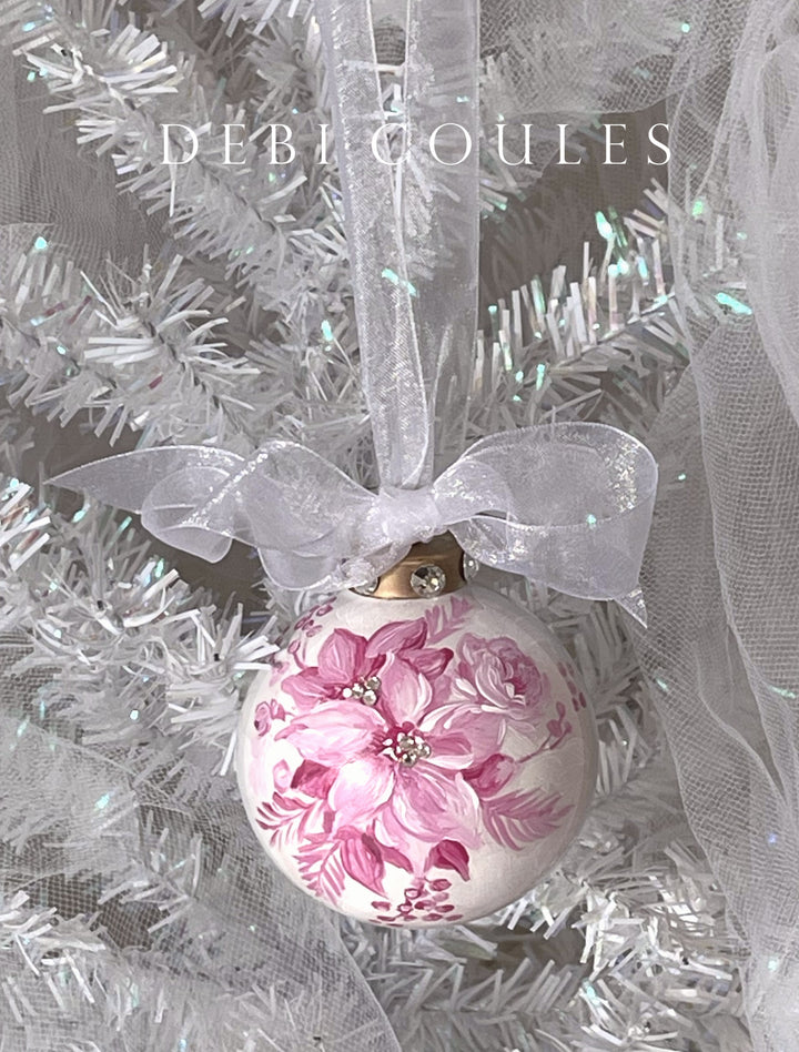 Pink Poinsettia Glass Globe Ornament Holiday Swarovski Crystal Rhinestones Original by Debi Coules