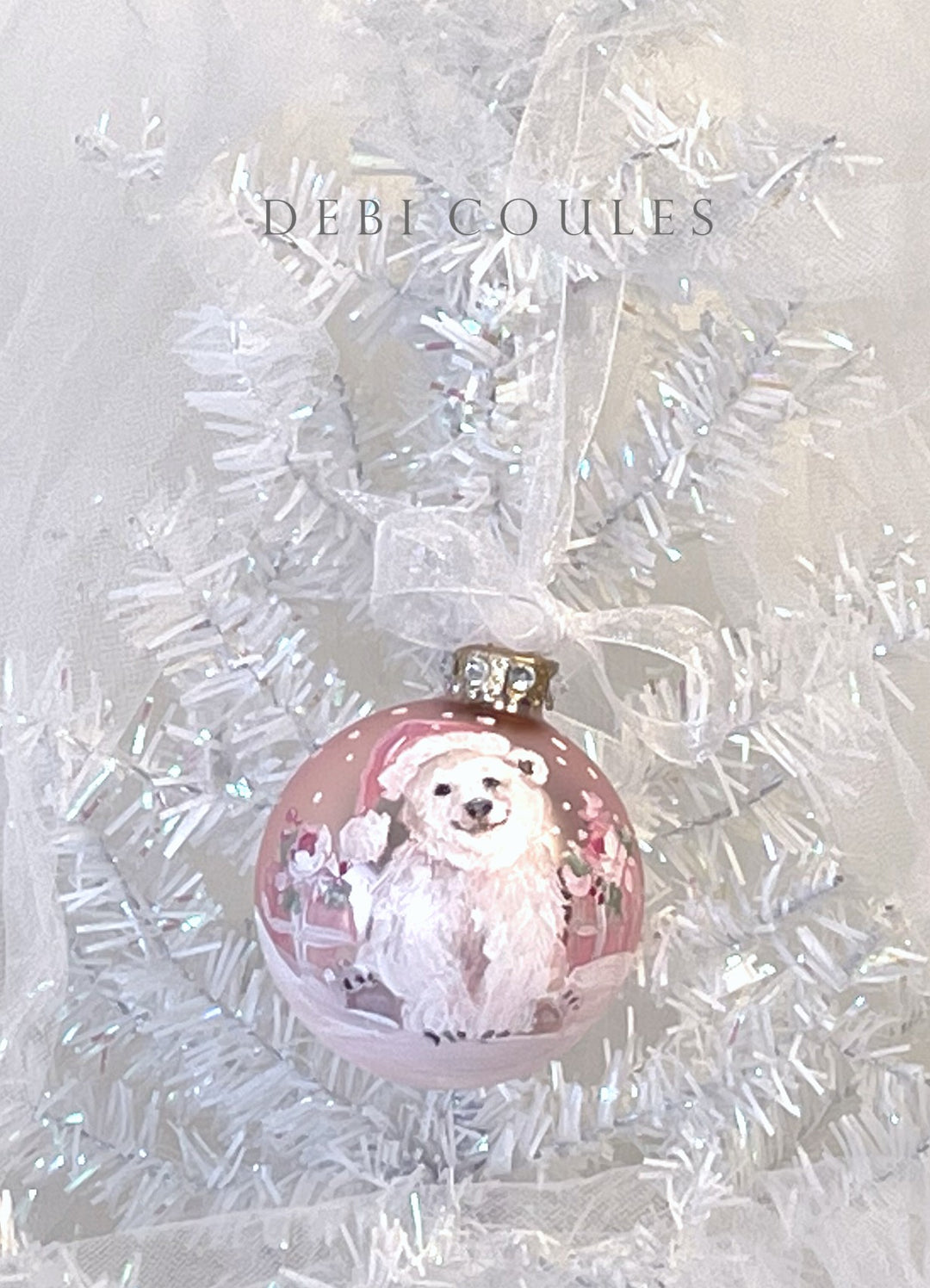 Hand-Painted Polar Bear on Vintage Blush Pink Glass Ornament — Swarovski Crystal Rhinestones, Gold Leaf & Touch of Sparkle by Debi Coules
