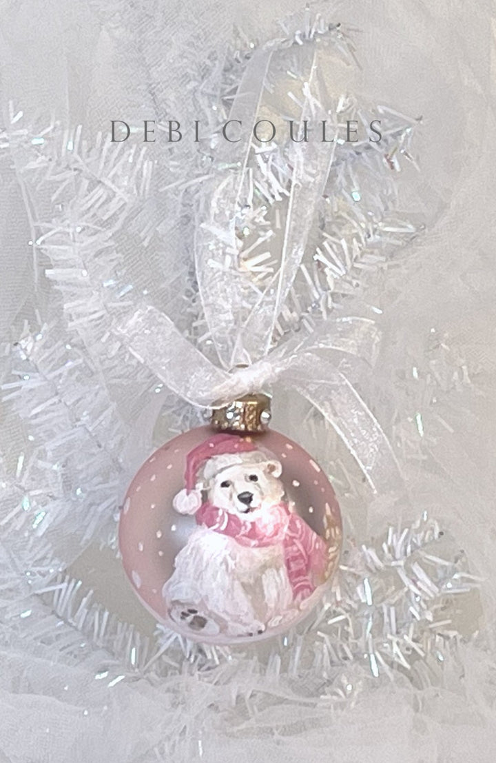 Polar Bear in the Snow Ornament — Hand Painted on Vintage Blush Pink Glass with Swarovski Crystals & Gold Leaf