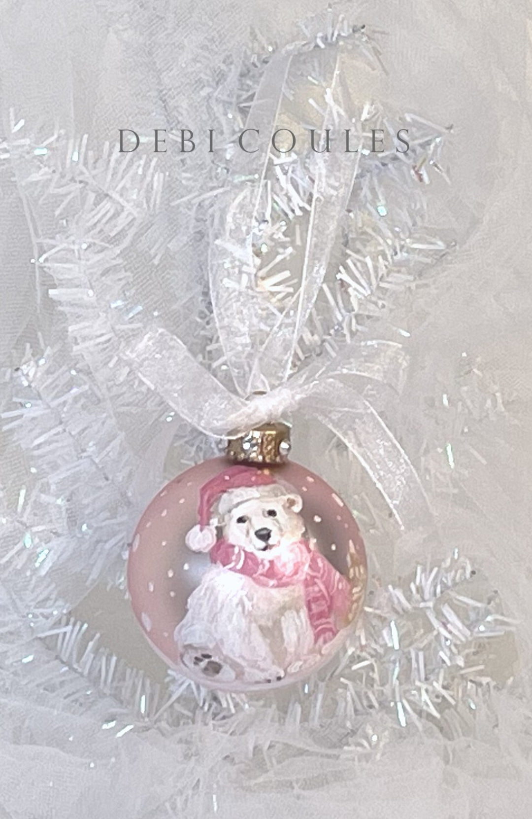 Polar Bear in the Snow Ornament — Hand Painted on Vintage Blush Pink Glass with Swarovski Crystals & Gold Leaf