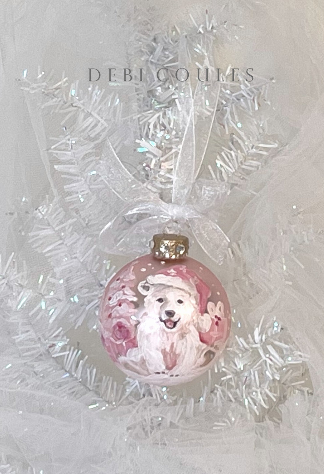 Hand-Painted Polar Bear on Vintage Blush Pink Glass Ornament — Swarovski Crystal Rhinestones, Gold Leaf & Touch of Sparkle by Debi Coules