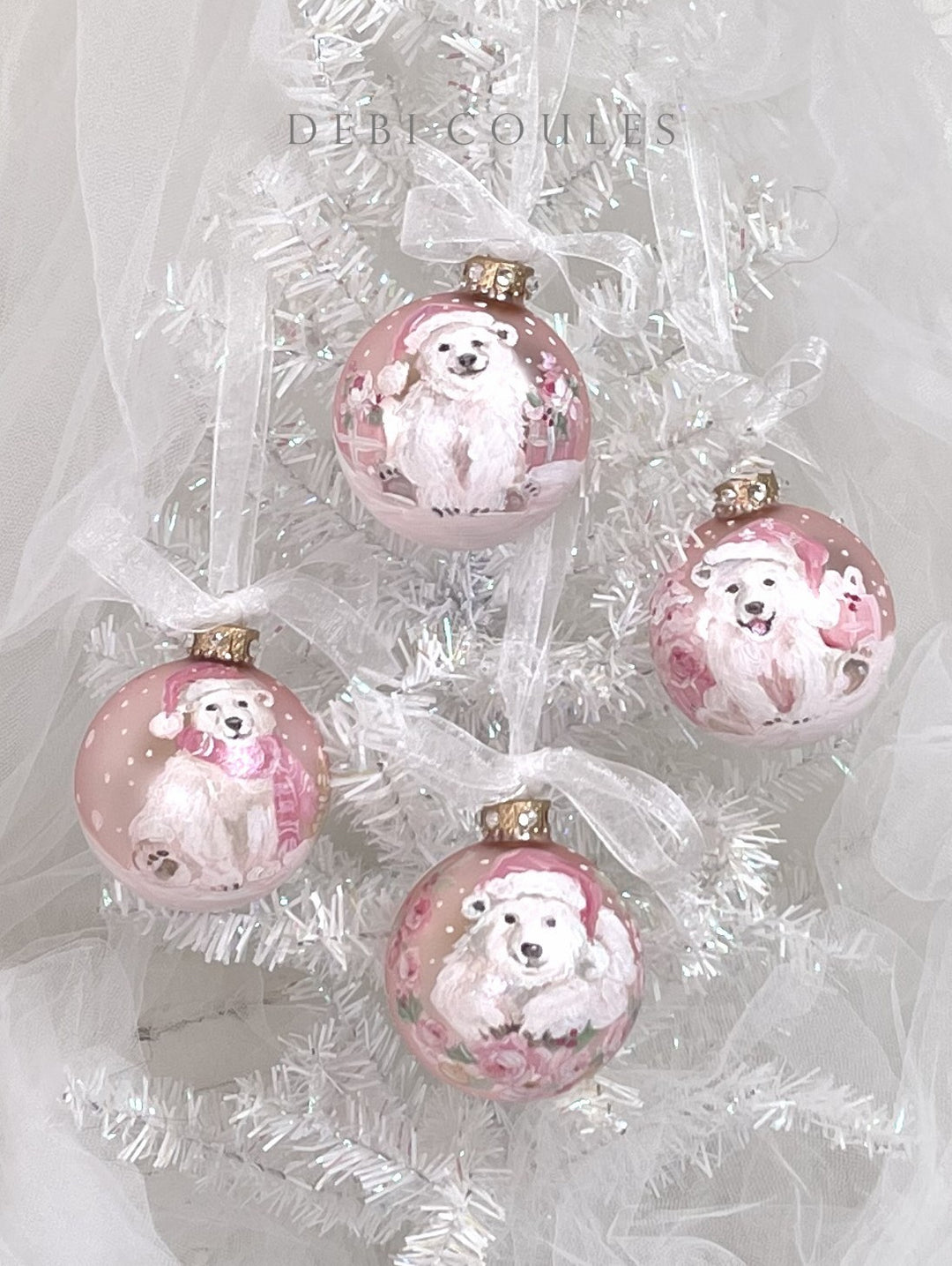 Hand-Painted Polar Bear on Vintage Blush Pink Glass Ornament — Swarovski Crystal Rhinestones, Gold Leaf & Touch of Sparkle by Debi Coules