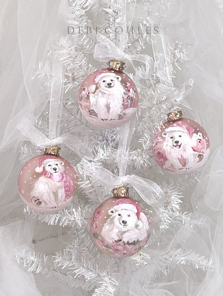 Hand-Painted Polar Bear on Vintage Blush Pink Glass Ornament — Swarovski Crystal Rhinestones, Gold Leaf & Touch of Sparkle by Debi Coules