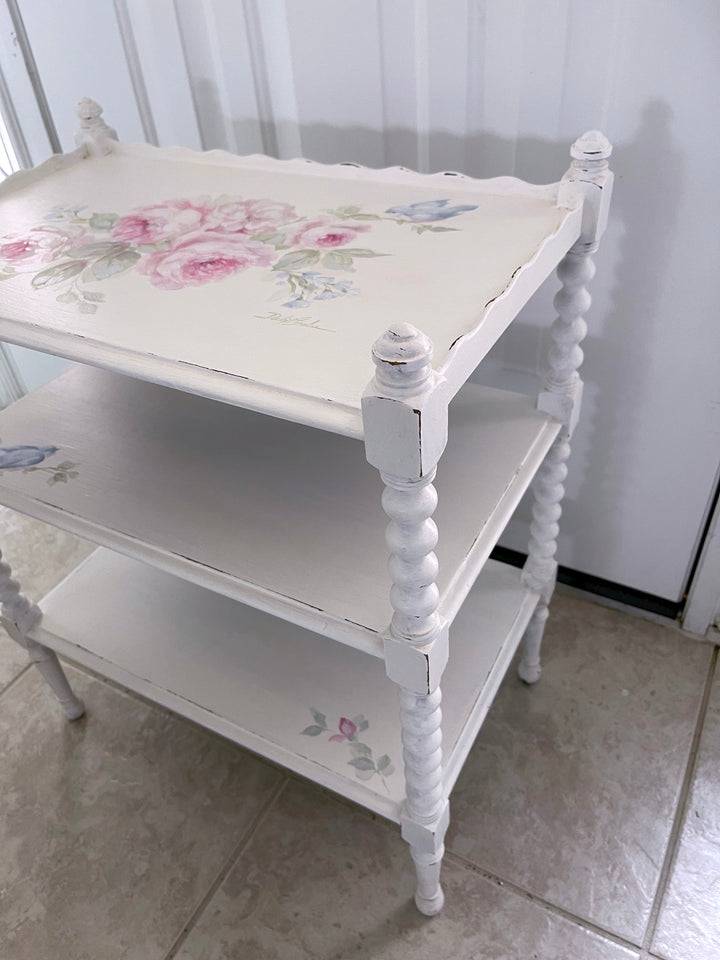 Shabby Chic Antique Hand-Painted Bluebird and Roses Table With Shelves Original by Debi Coules