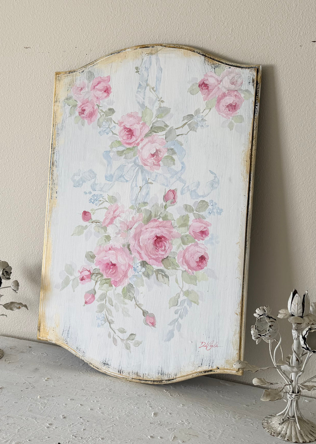 Hand-Painted French Country Roses on Antique Wood