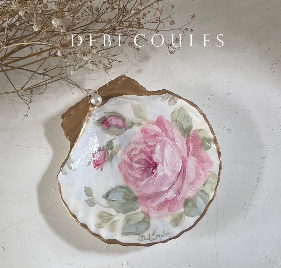 Shabby Chic Hand Painted Roses Rosebuds Shell Ring Dish Romantic Original by Debi Coules