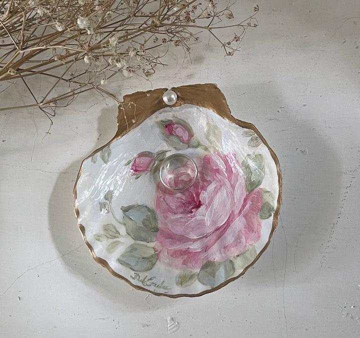 Shabby Chic Hand Painted Roses Rosebuds Shell Ring Dish Romantic Original by Debi Coules