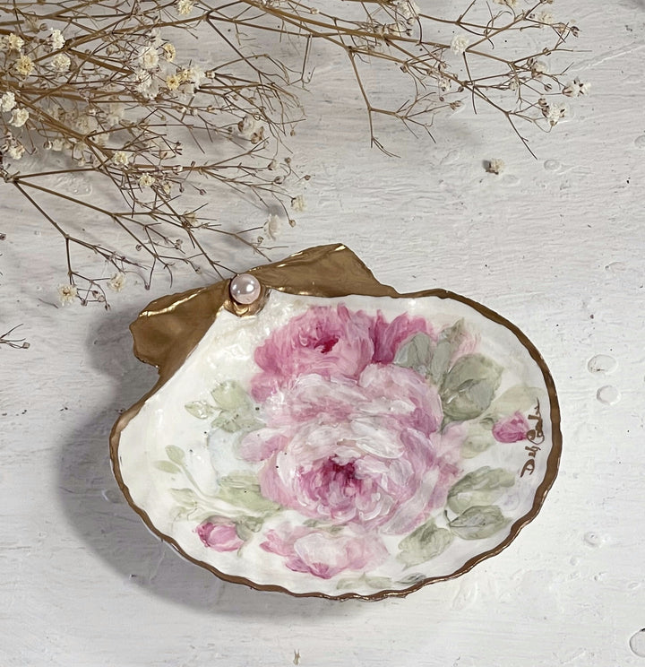 Pink Roses Hand Painted Trinket Shell Gold Leaf With Pink Pearl by Debi Coules