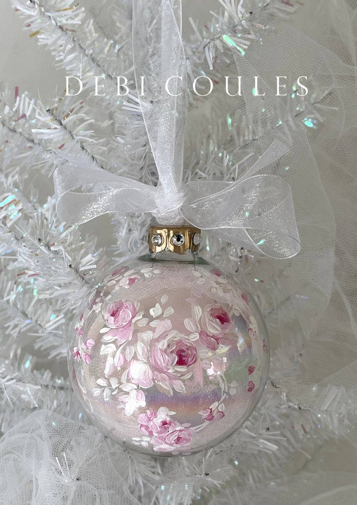 Shabby Chic Pink Roses Large Glass Globe Ornament Swarovski Crystal Rhinestones Original Debi Coules