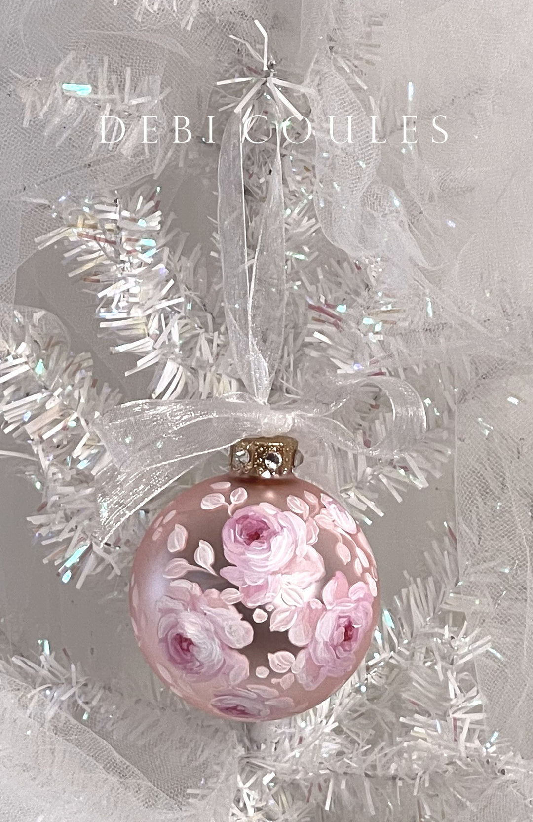 Hand-Painted Vintage Blush Pink Glass Globe Ornament Pink and White Roes by Debi Coules