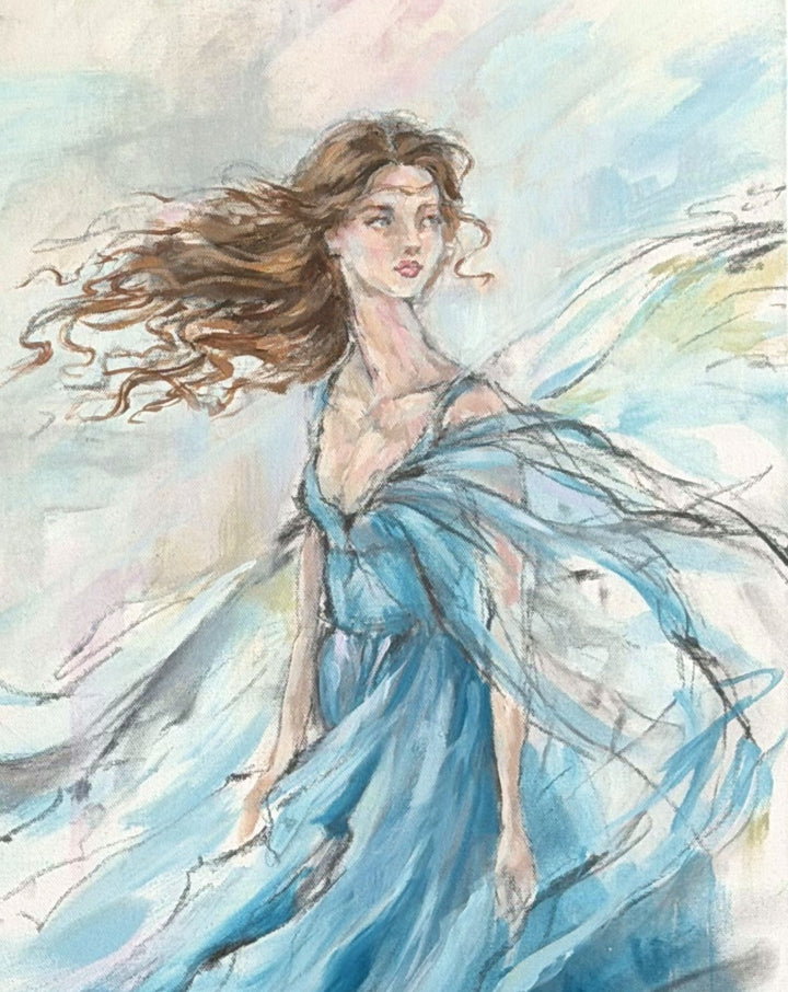 Close-up of Rapture original blue figurative painting by Debi Coules featuring a woman in a flowing blue dress