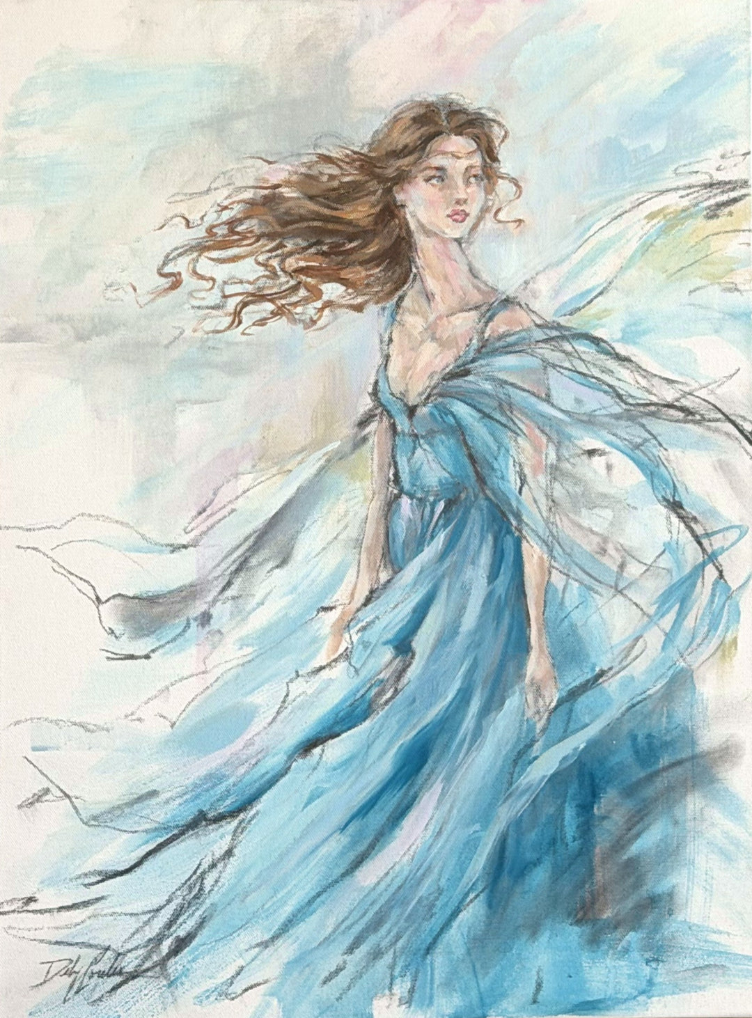 Detail of Allure original pink figurative painting by Debi Coules showing flowing pink fabric and expressive brushwork