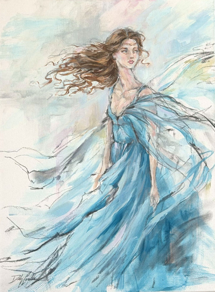 Detail of Allure original pink figurative painting by Debi Coules showing flowing pink fabric and expressive brushwork