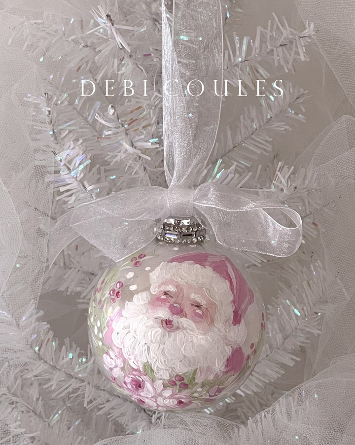 Pink Santa Holiday Glass Globe Ornament Pink Roses with Rhinestones Shabby Chic Original Debi Coules