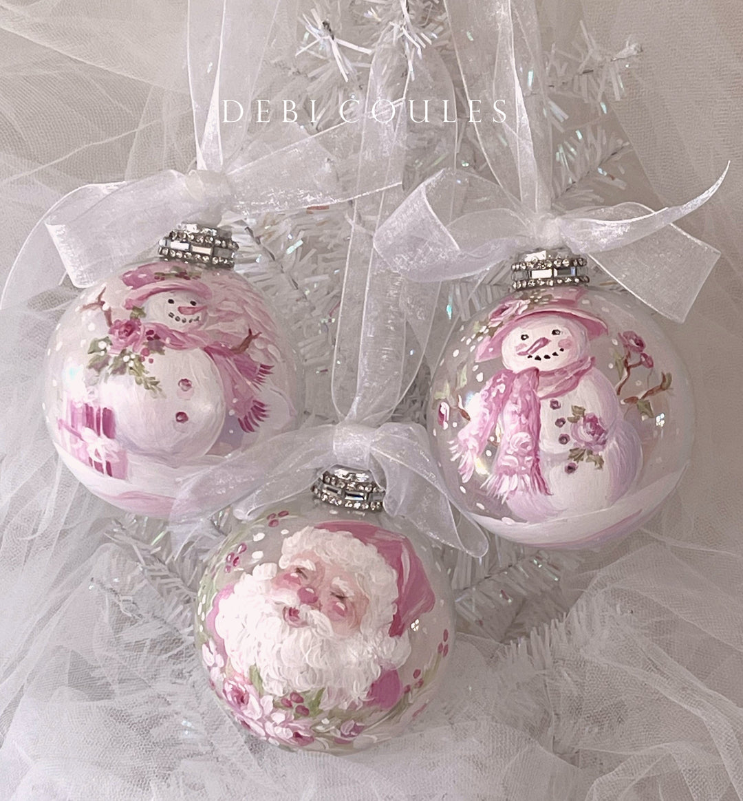 Pink Santa Holiday Glass Globe Ornament Pink Roses with Rhinestones Shabby Chic Original Debi Coules