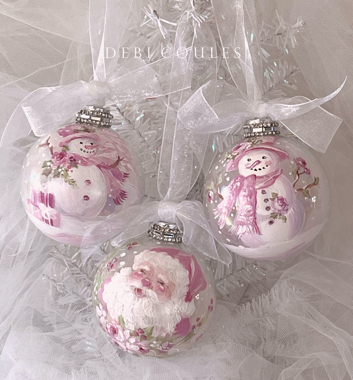 Shabby Chic Pink Snowman Glass Globe Hand Painted Ornament with  Rhinestones Original Debi Coules