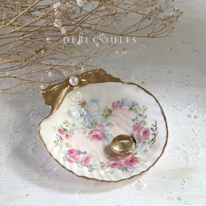 Heart of Roses – Hand-Painted Shell Trinket Dish with Gold Leaf & Pearl" by Debi Coules