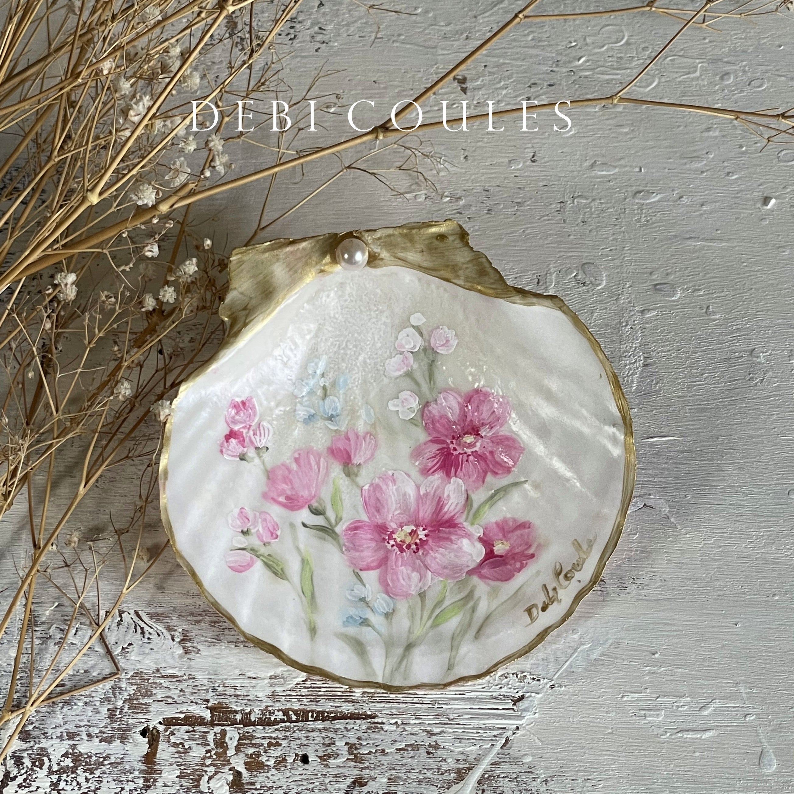 Shabby Chic Hand Painted Shell with Pink Wild Roses, Gold Accents and ...
