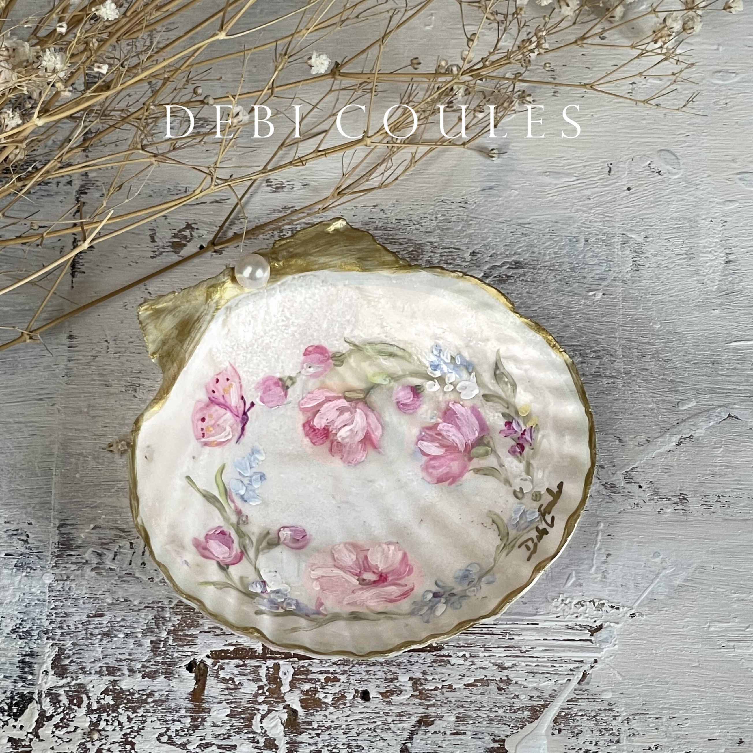 Shabby Chic Hand Painted Shell with Pink and Light Blue Wildflowers ...