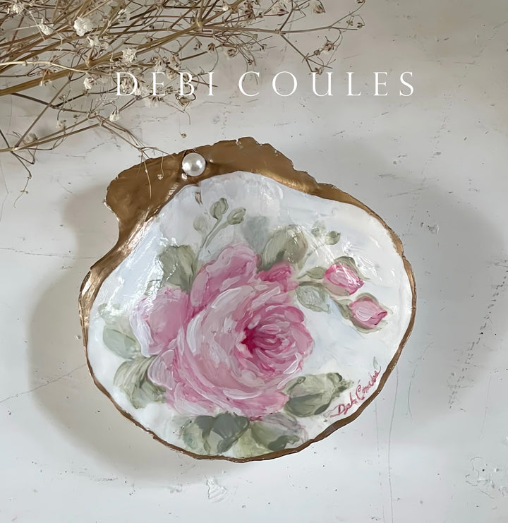 Shabby Chic Hand Painted  Pink Roses Shell Ring Dish Romantic Original by Debi Coules