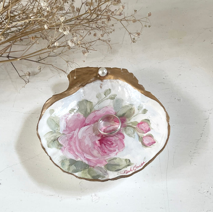 Shabby Chic Hand Painted  Pink Roses Shell Ring Dish Romantic Original by Debi Coules