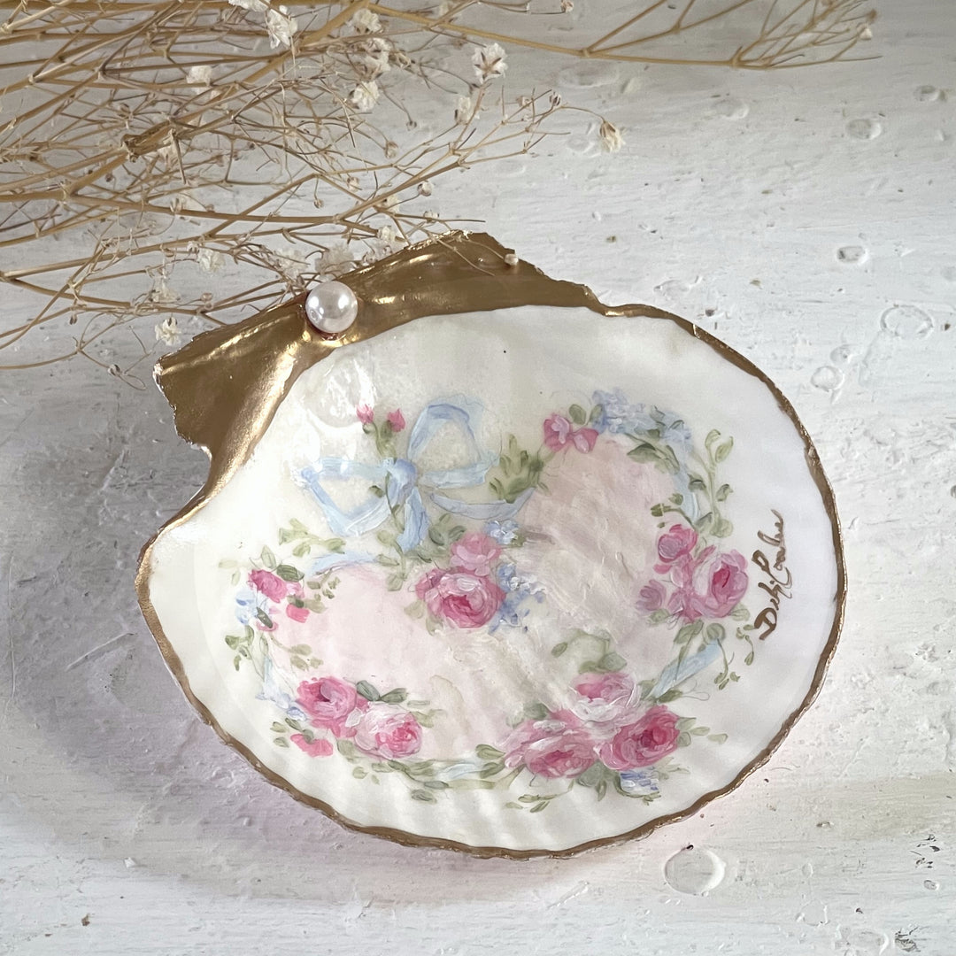 Heart of Roses – Hand-Painted Shell Trinket Dish with Gold Leaf & Pearl" by Debi Coules