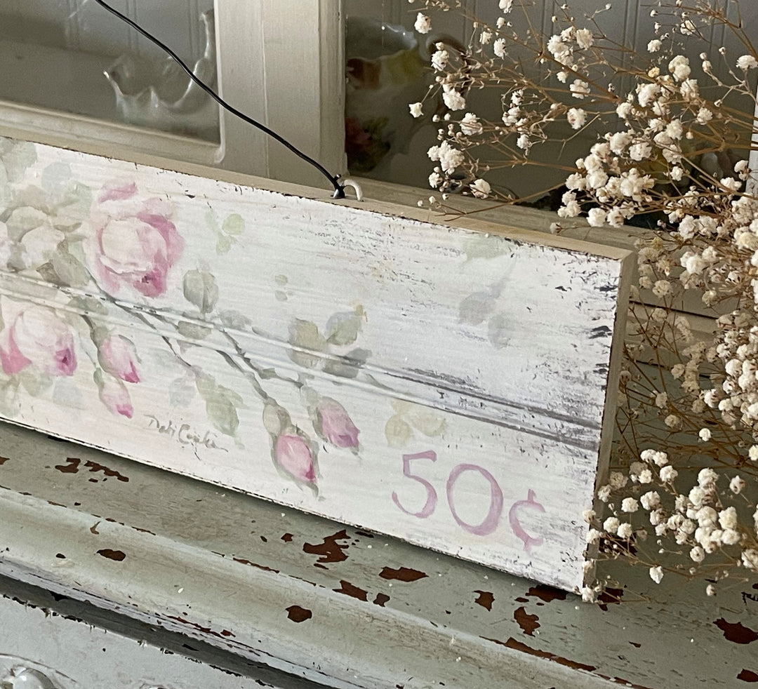 Shabby Chic Vintage Wooden Sign Print with Pink Roses and wire hanger by Debi Coules