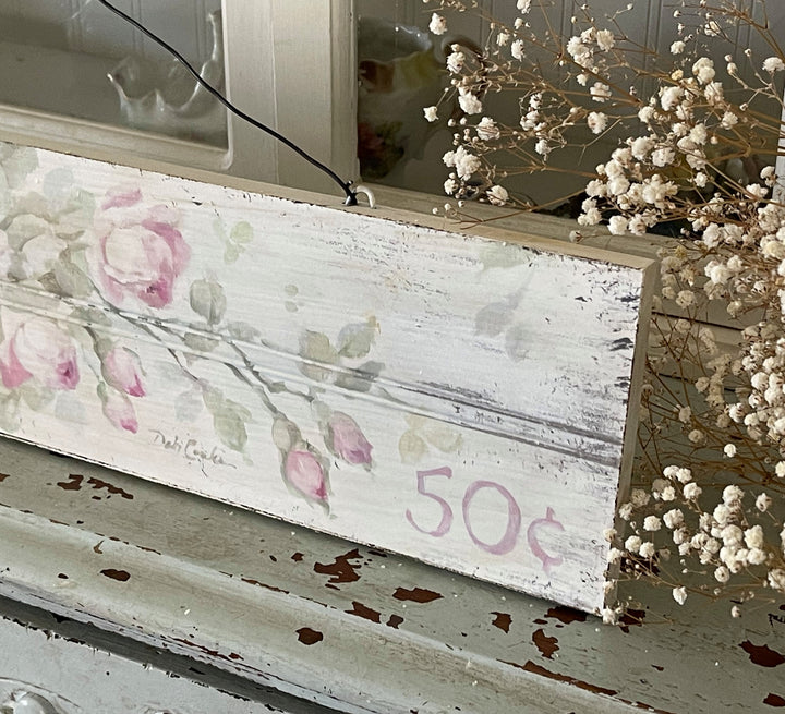 Shabby Chic Vintage Wooden Sign Print with Pink Roses and wire hanger by Debi Coules