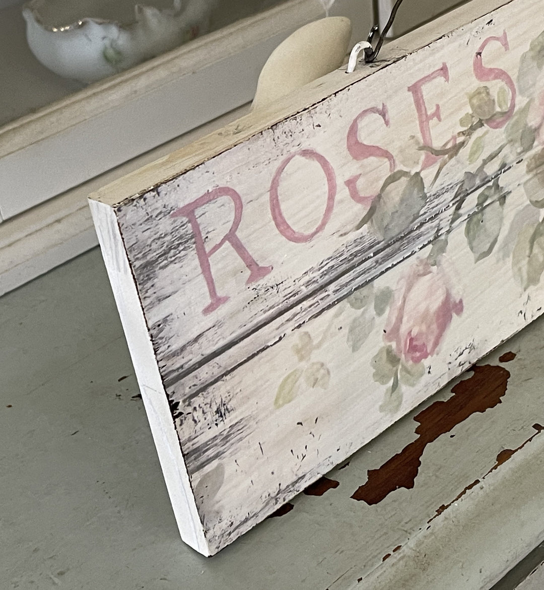 Shabby Chic Vintage Wooden Sign Print with Pink Roses and wire hanger by Debi Coules