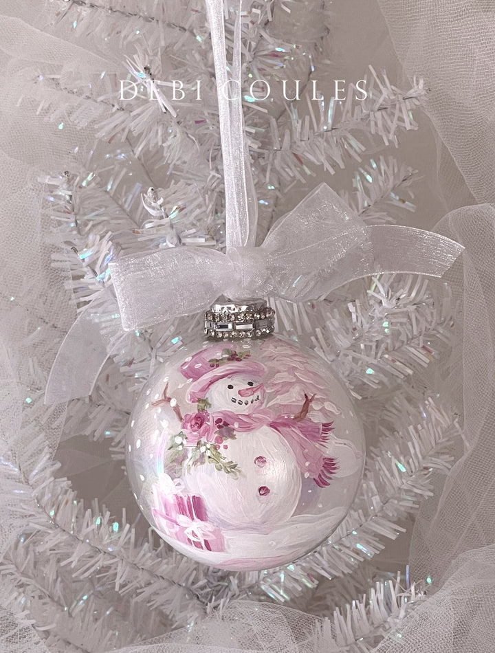 Shabby Chic Pink Snowman Glass Globe Hand Painted Ornament with  Rhinestones Original Debi Coules