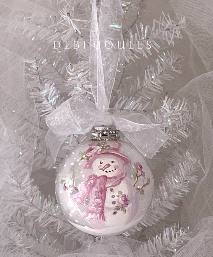 Shabby Chic Pink Snowman Globe Ornament Roses and Rhinestones Holiday Original Debi Coules