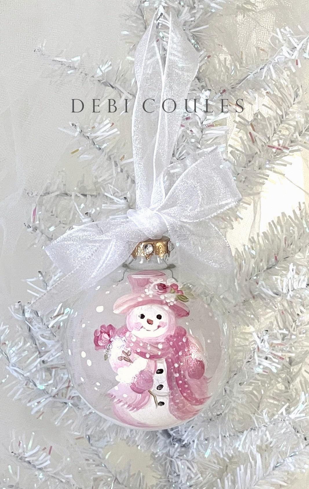 Shabby Chic Hand-Painted Glass Globe Ornament – Snowman with Pink Hat & Roses, Gold Leaf, Swarovski Crystals, Signed by Debi Coules