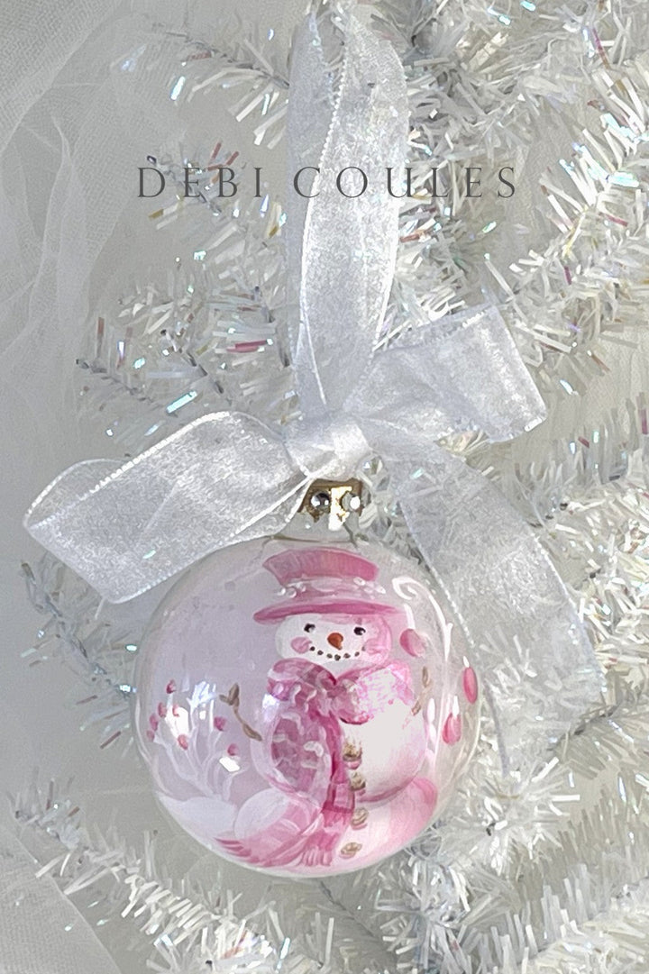 Shabby Chic Hand-Painted Glass Globe Ornament – Snowman with Pink Hat & Roses, Gold Leaf & Swarovski Crystals, Signed by Debi Coules