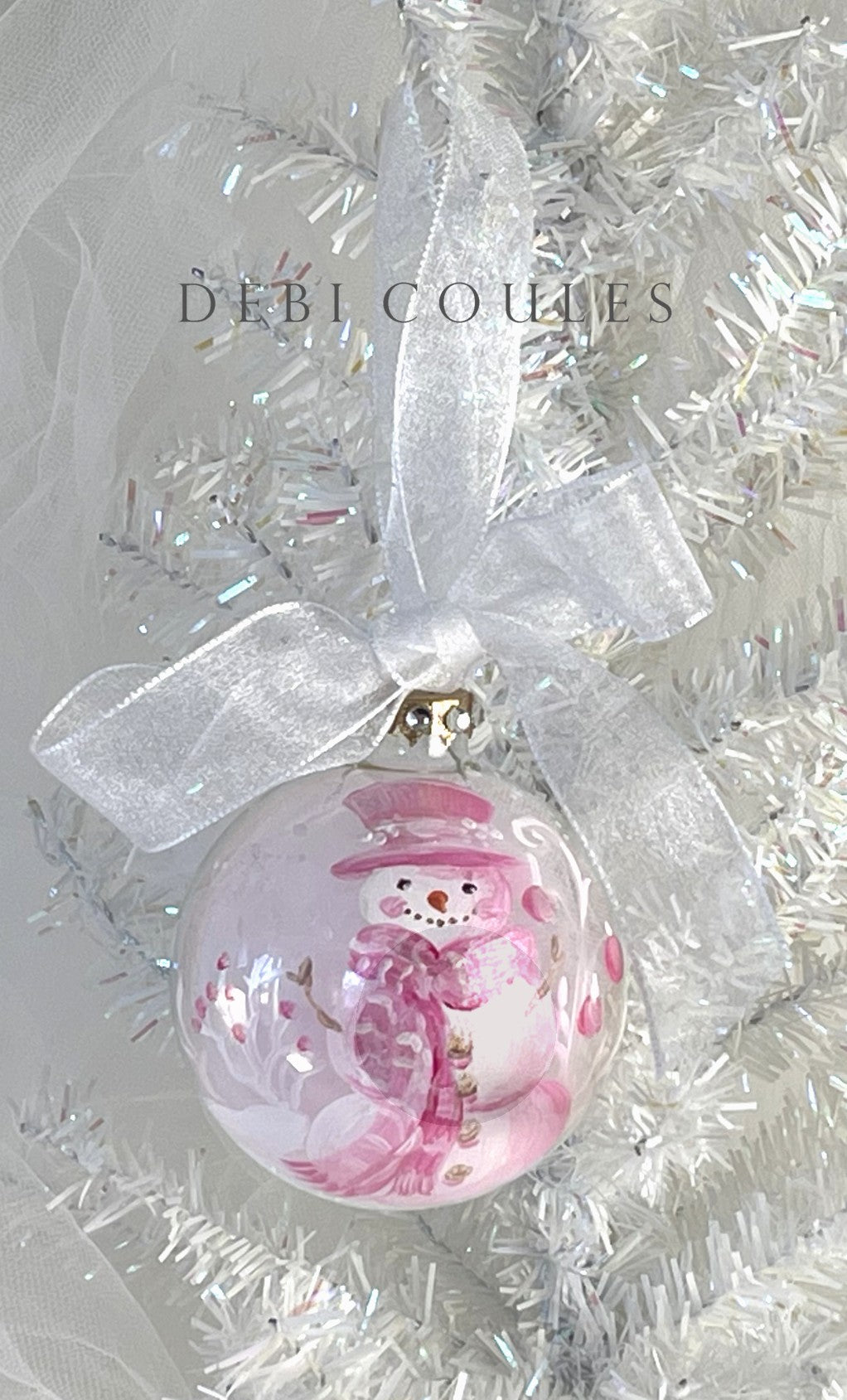 Shabby Chic Hand-Painted Glass Globe Ornament – Snowman with Pink Hat & Roses, Gold Leaf & Swarovski Crystals, Signed by Debi Coules